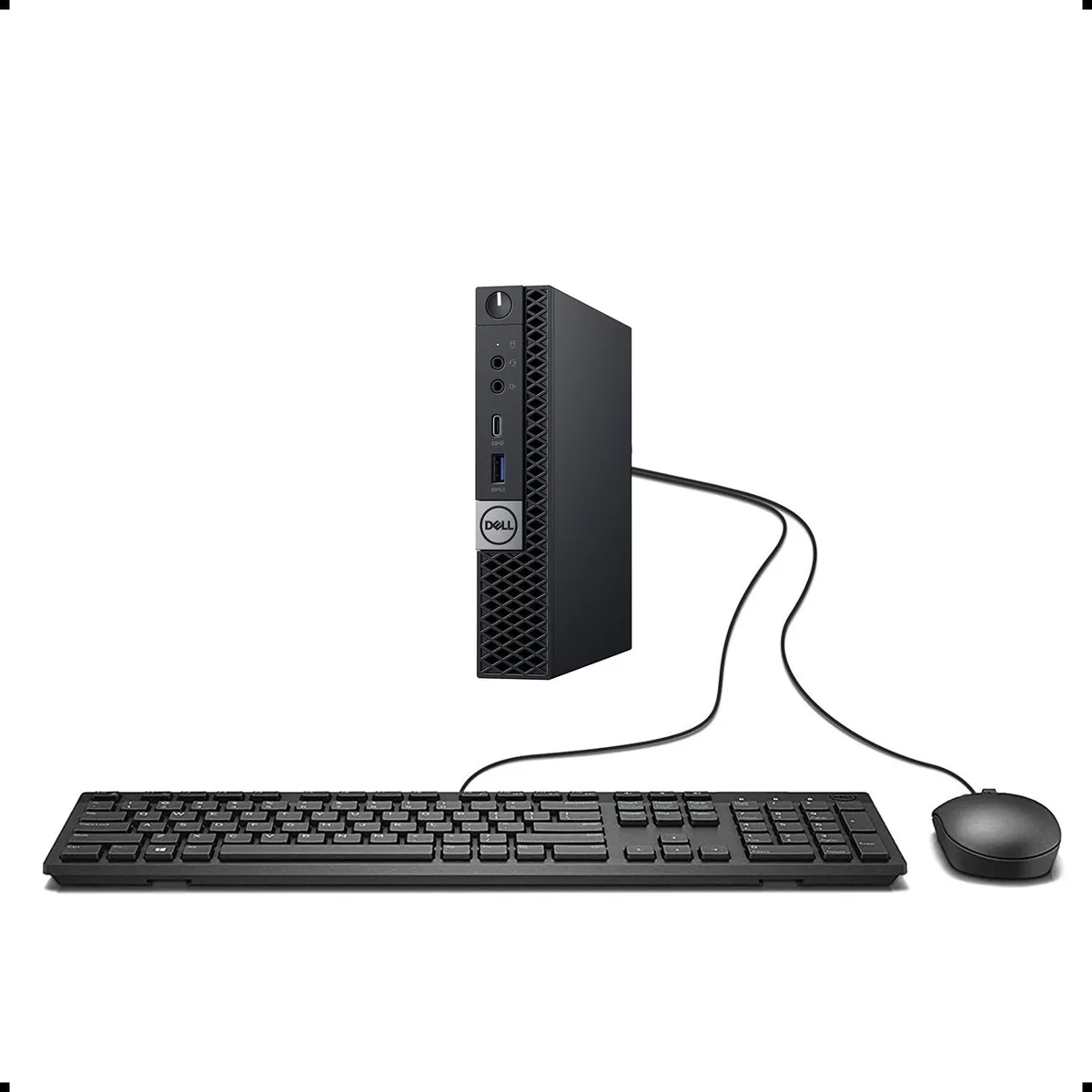 Compact black Dell Optiplex 7060 Micro desktop with keyboard and mouse