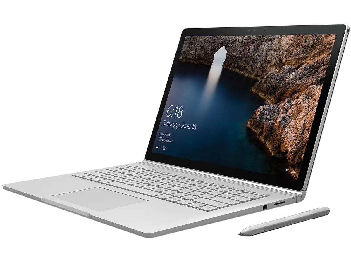 Silver detachable 2-in-1 laptop with 13.5 inch PixelSense touchscreen and included keyboard