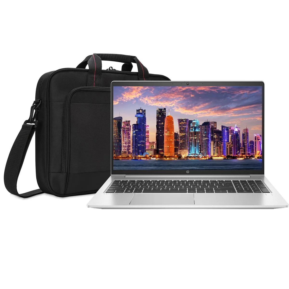 Silver 15.6 inch laptop with slim profile and laptop bag