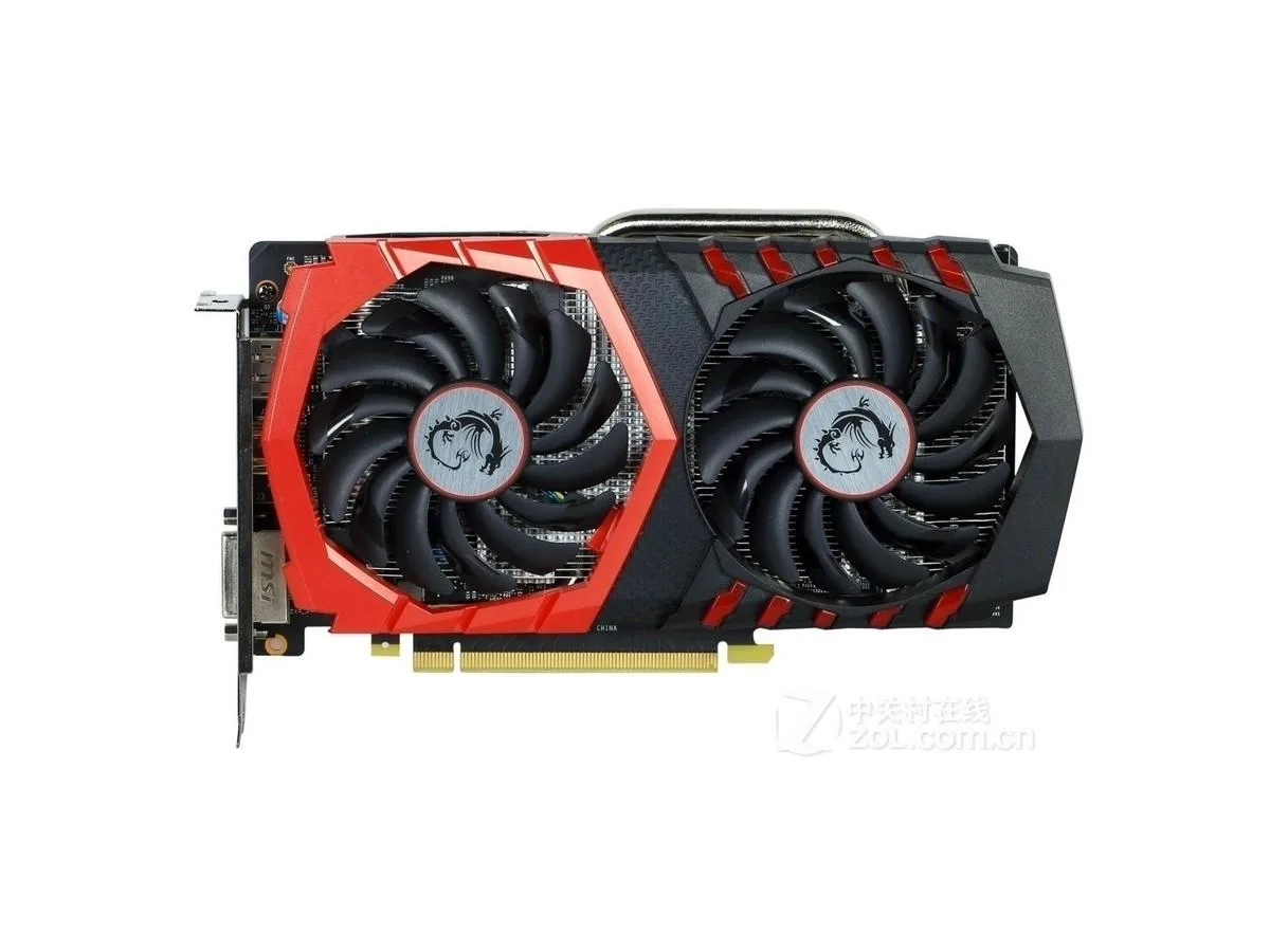 Dual-fan graphics card in black and red finish