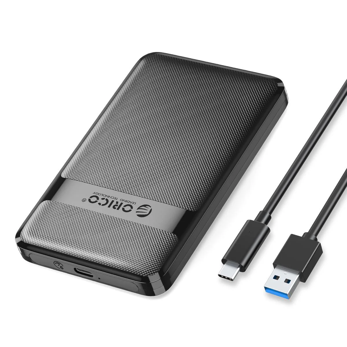 Black 2.5 inch SATA enclosure with grid texture finish