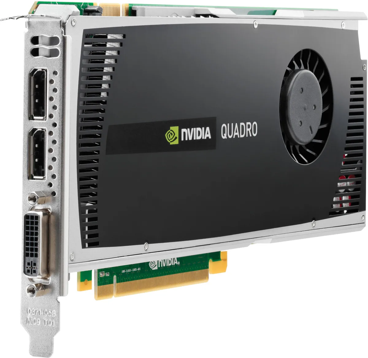 HP Quadro 4000 graphics card, full-height PCB, silver bracket, dual-slot cooler, PCI Express gold fingers
