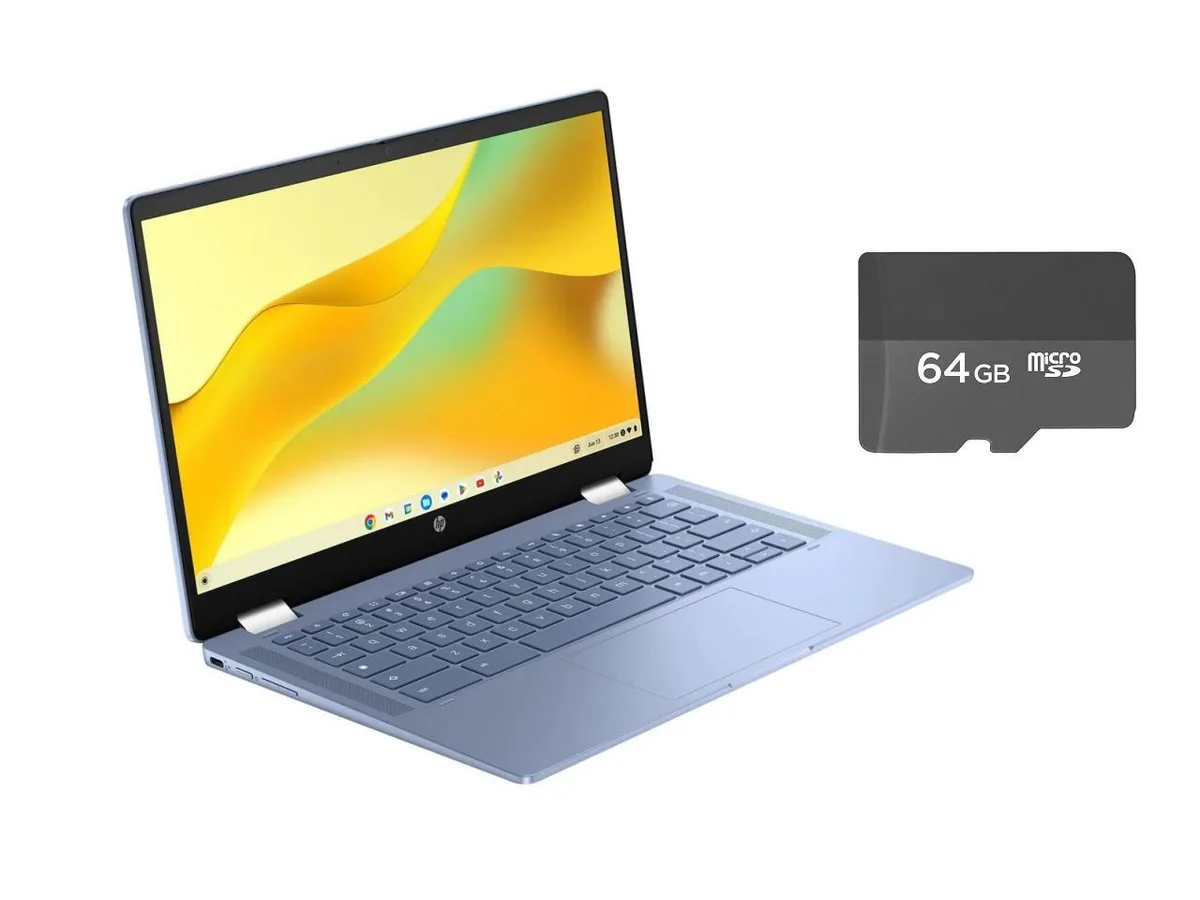 Sky blue 14 inch convertible laptop with 360 degree hinge and touchscreen display