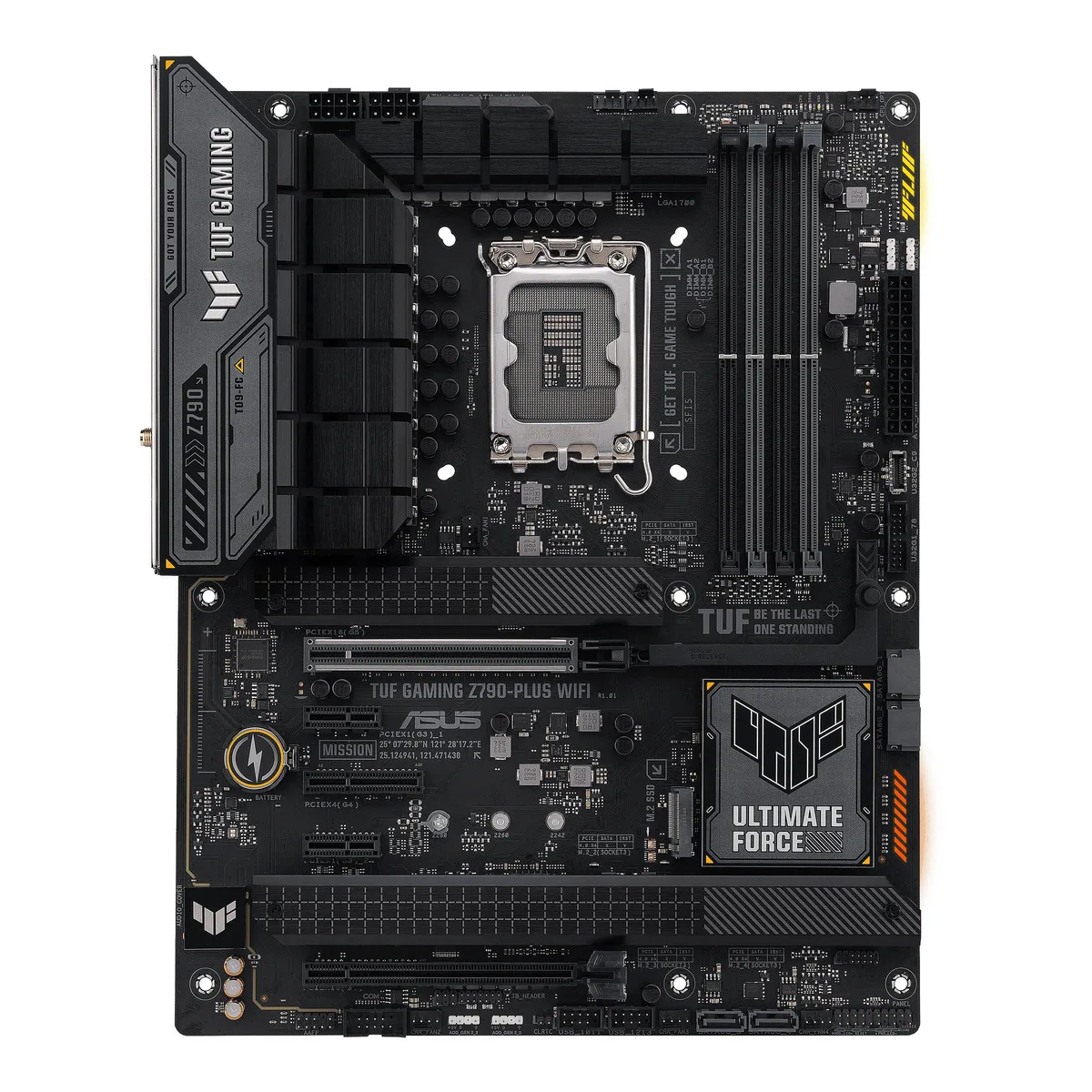 Rectangular ATX motherboard in dark finish with geometric heatsinks and embossed nameplate