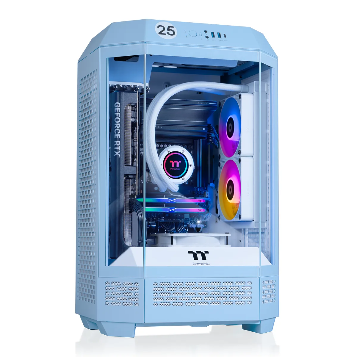 Blue mid-tower gaming desktop with 240mm ARGB liquid cooler visible through glass side panel