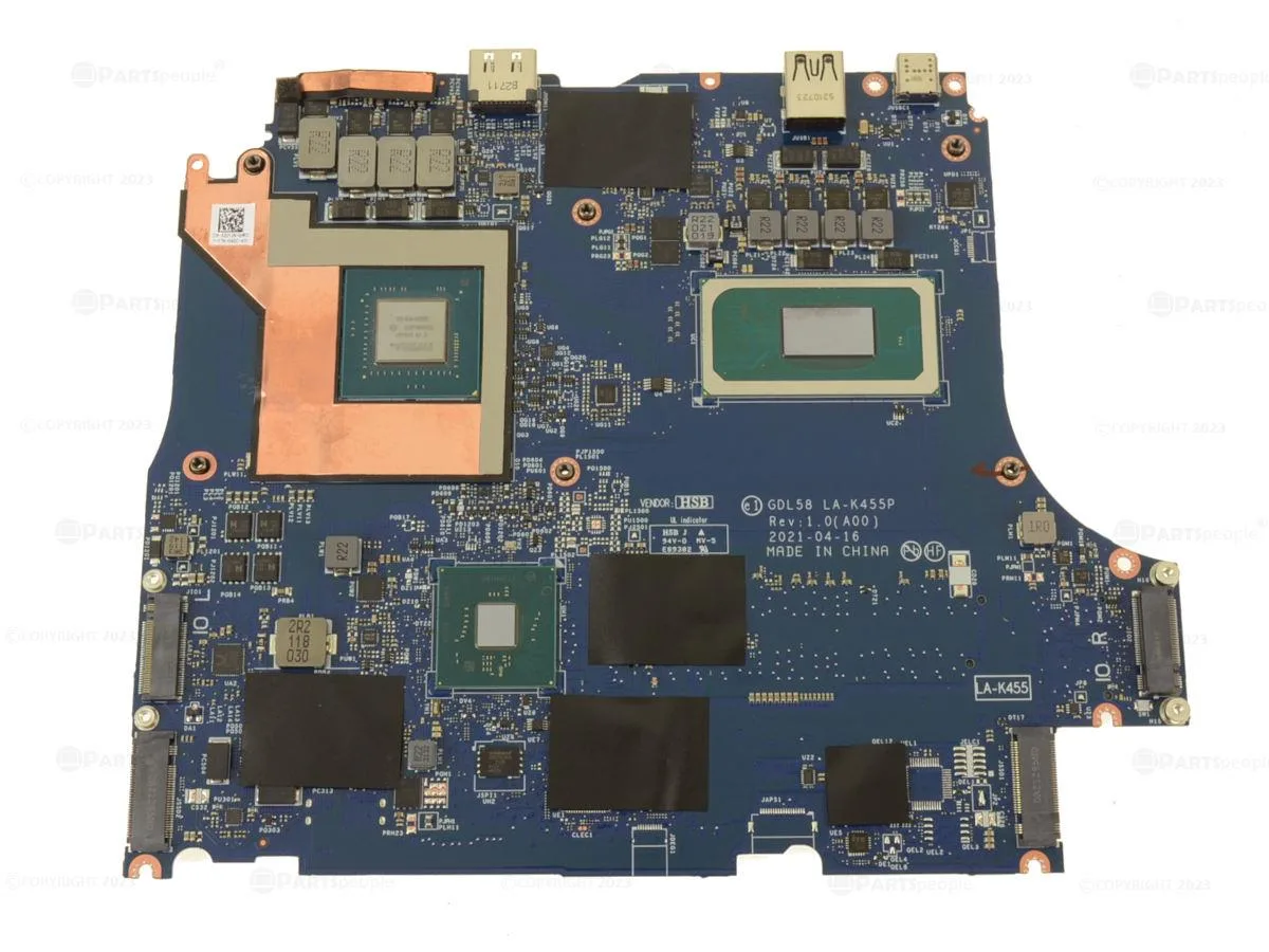 Green Dell G15 5511 motherboard with silver CPU and GPU heatsinks, black connectors along edges