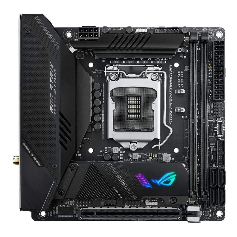 Compact Mini-ITX motherboard in dark finish with silver heatsinks and rear I/O shield