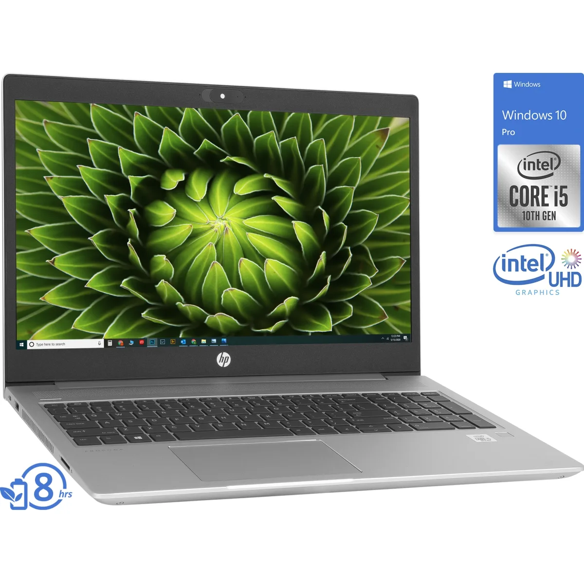 Silver HP ProBook 450 G7 laptop, 15.6 inch HD non‑touch display, aluminum cover, 180 degree hinge