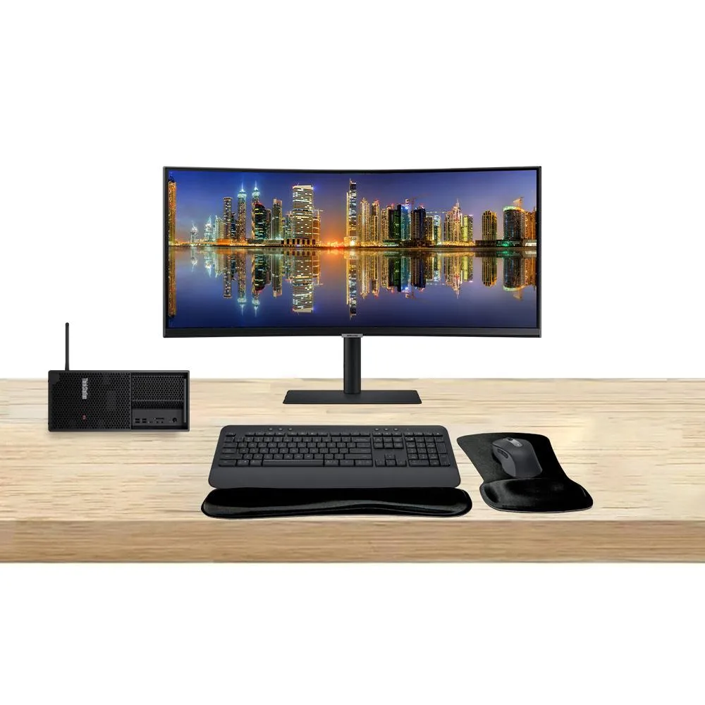 Lenovo ThinkStation P3 tower, 34-inch curved monitor, wireless keyboard and mouse set