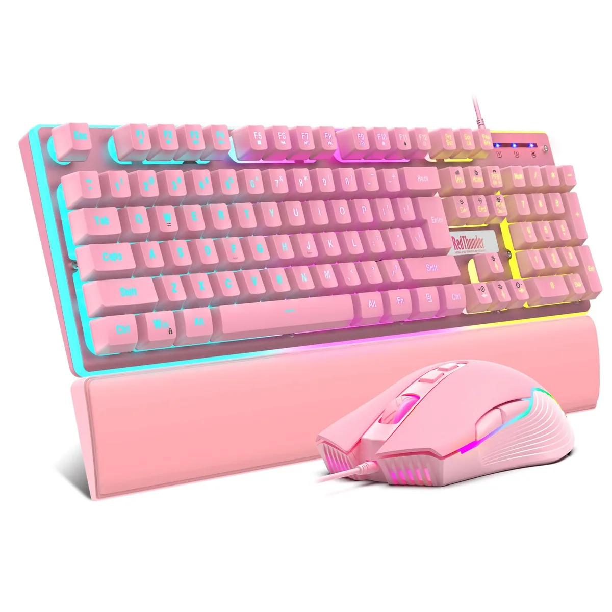 Pink full-size membrane keyboard, matching ambidextrous mouse, detachable leather wrist rest, all USB wired with RGB lighting