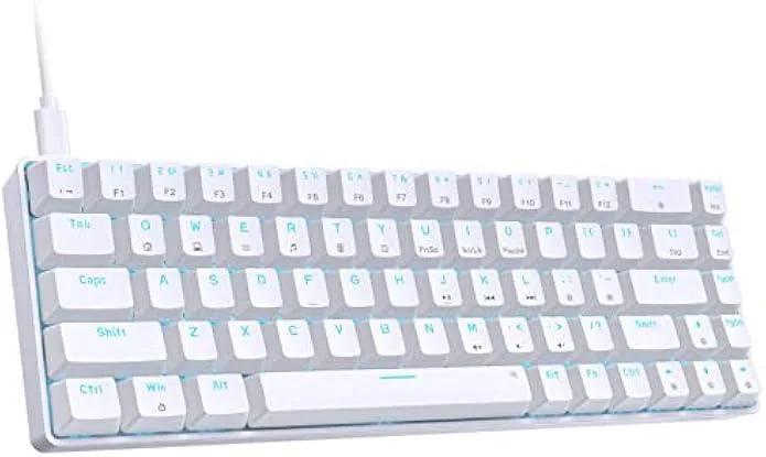 Compact white 60% mechanical keyboard with 68 keys and blue LED backlighting