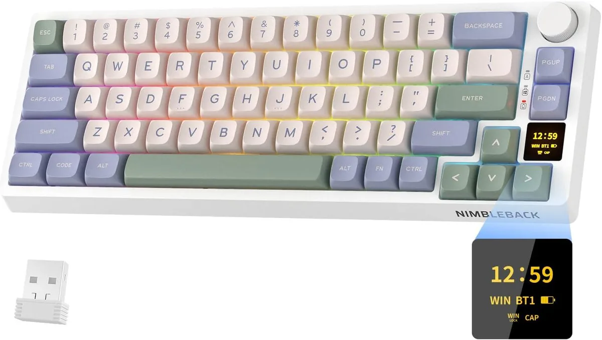 Compact 65% wireless mechanical keyboard with small display screen and side knob, 68 keys, grey PBT keycaps