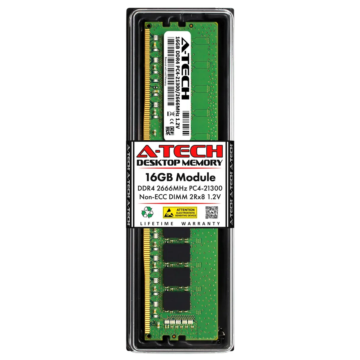 Green rectangular DDR4 DIMM module with black chips on both sides, gold 288-pin edge connector, thin profile