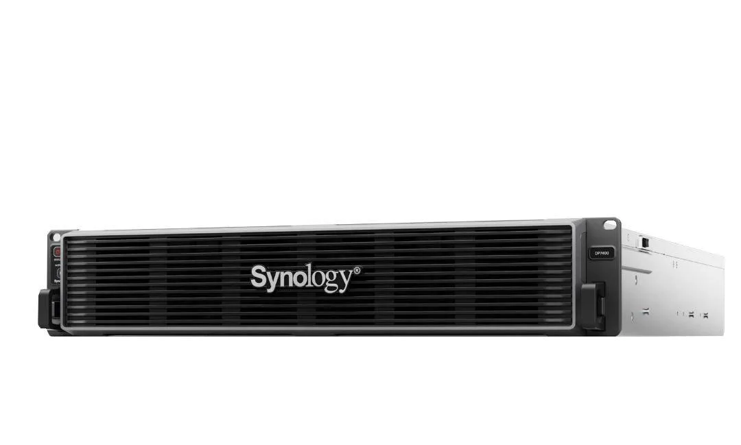 2U rackmount server, matte black front with twelve drive bays, silver handles, rear dual power supplies