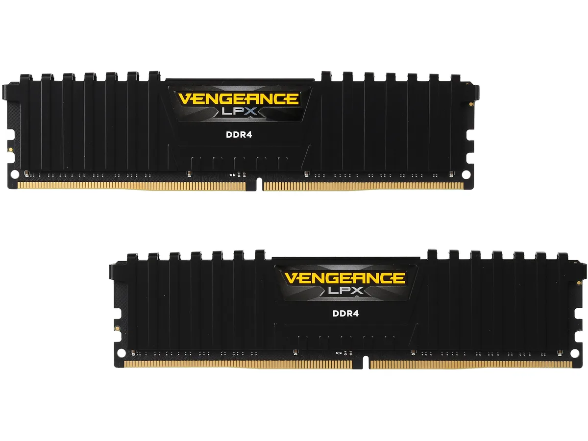 Two black low-profile DDR4 modules with anodized aluminum heatspreaders