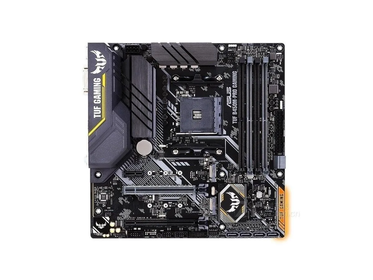 ASUS TUF B450M-PRO GAMING motherboard, Micro ATX board with black PCB and grey heatsinks, AM4 socket visible