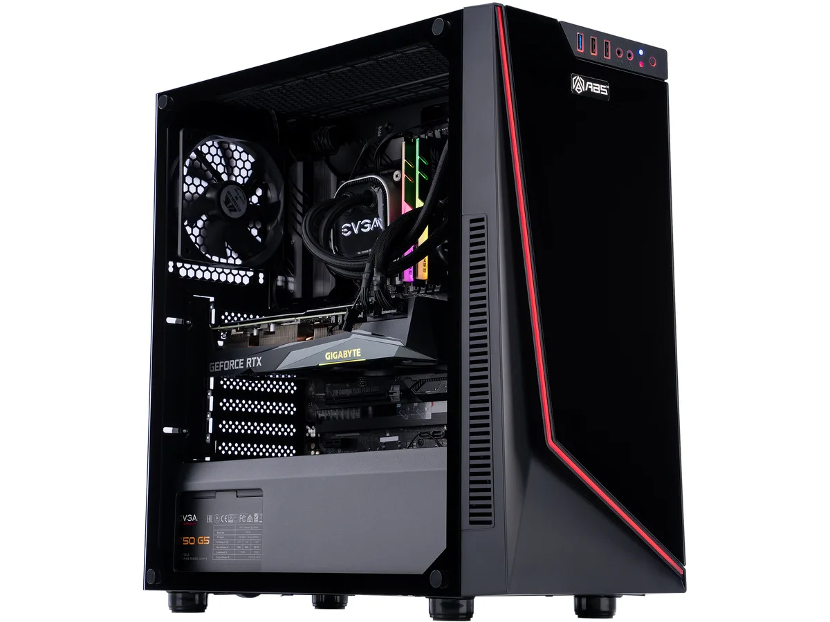 Black mid-tower case with tempered glass side panel and RGB liquid cooler visible inside