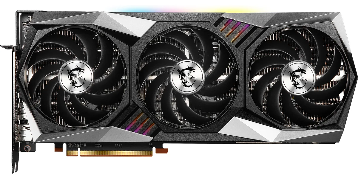 Triple-fan graphics card in dark grey and black finish, 325 mm long