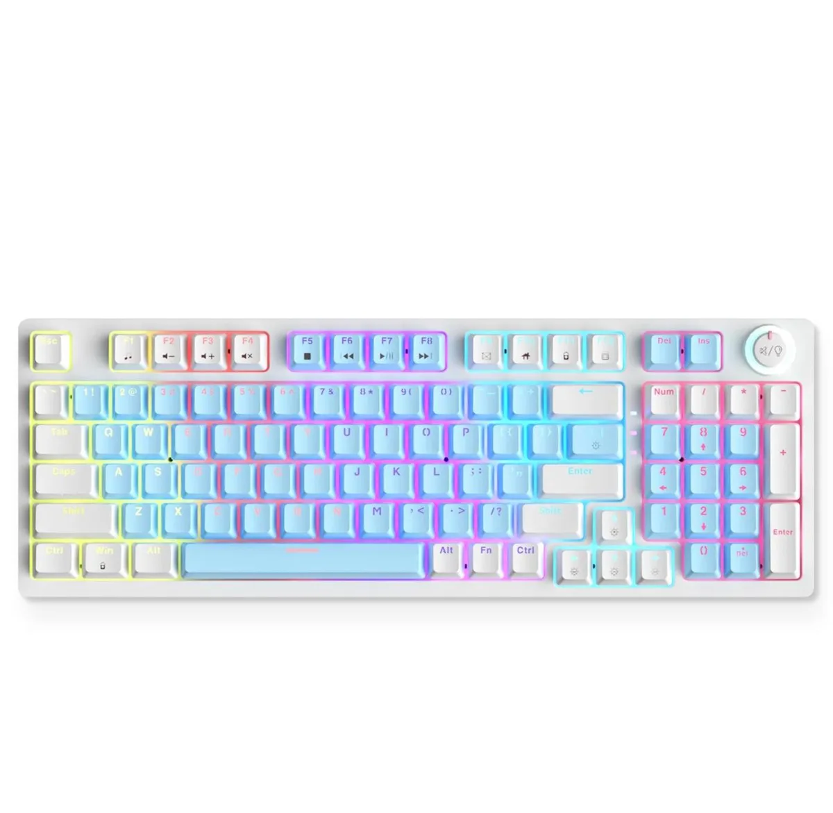 Black and silver 98-key mechanical keyboard with PBT keycaps and RGB lighting