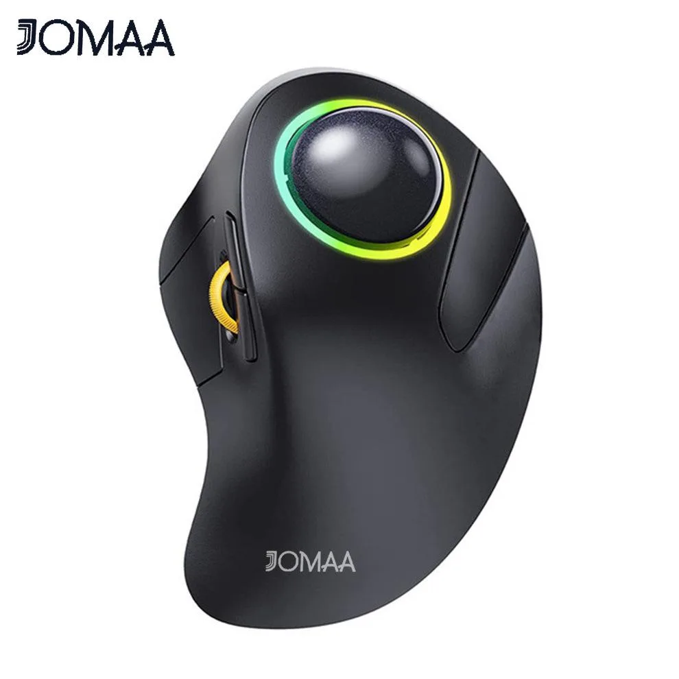 Black trackball mouse with luminous accent, moderate size, rechargeable, dual wireless modes