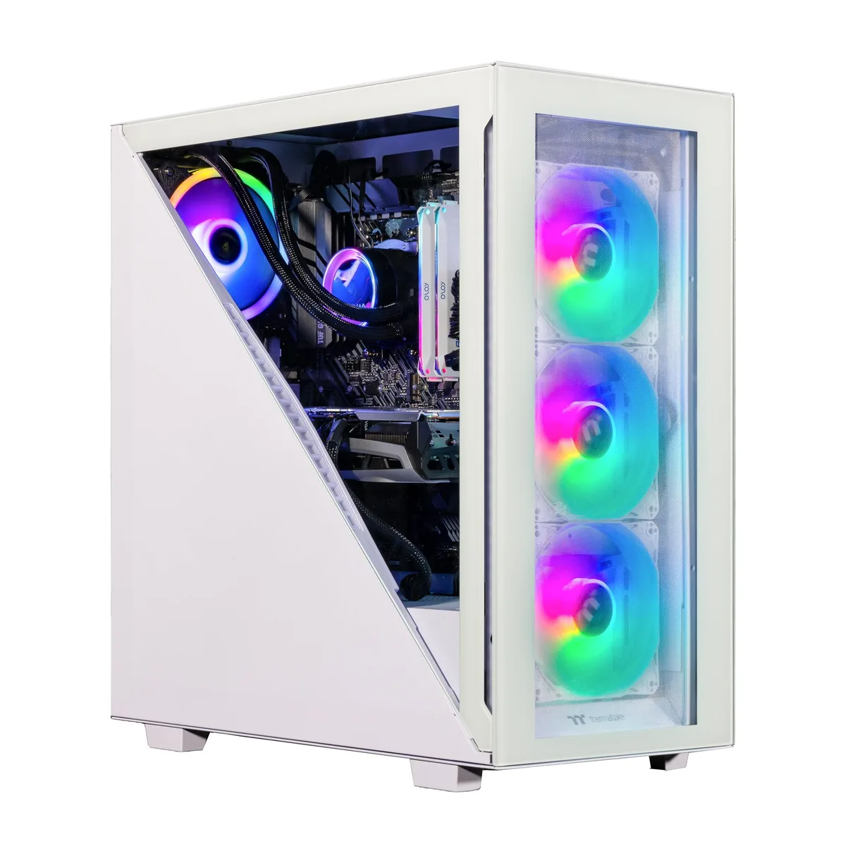 White mid-tower desktop with 120mm RGB liquid cooler visible