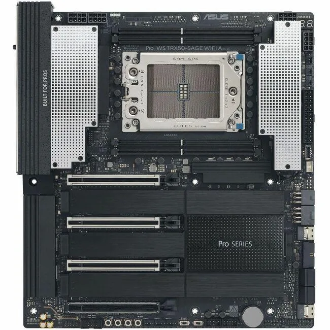 Large rectangular motherboard with dark grey heatsinks and silver sockets, SSI CEB form factor