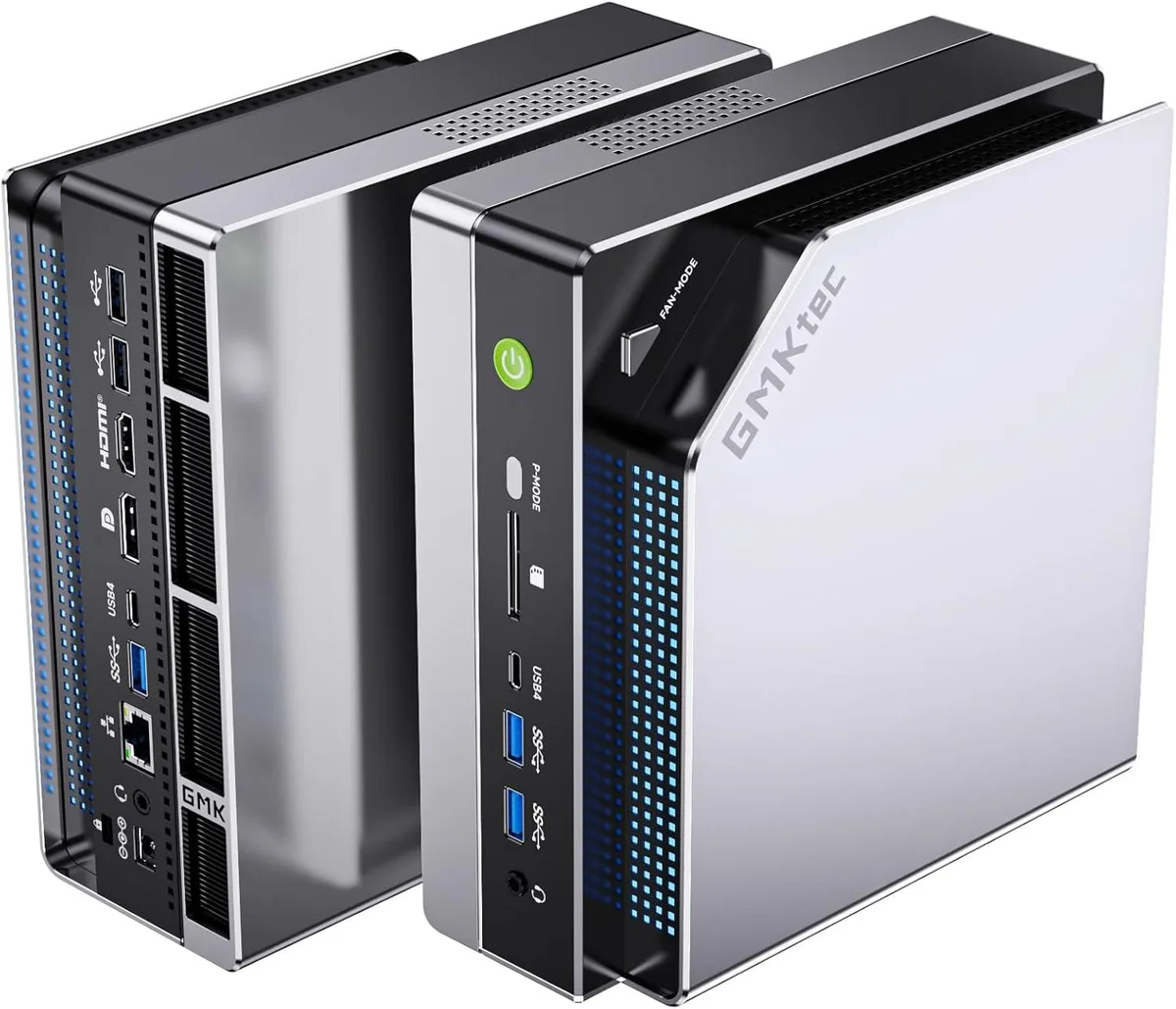 Compact square mini PC, matte dark chassis, visible triple fan vents and RGB lighting, front ports and SD slot