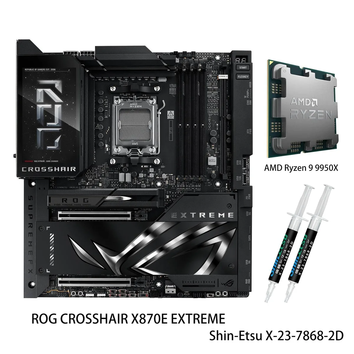 E-ATX motherboard with large silver heatsinks, integrated I/O shield, 5-inch LCD display, and Ryzen 9 9950X CPU installed