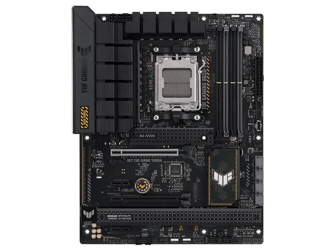 ATX motherboard in dark finish with reinforced slots and heatsinks