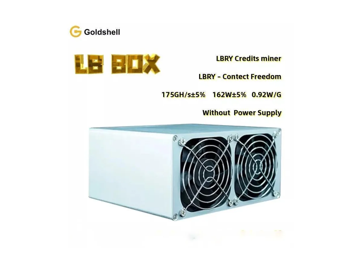 Compact beige box miner, 175 by 150 by 84 millimetres, Ethernet port visible