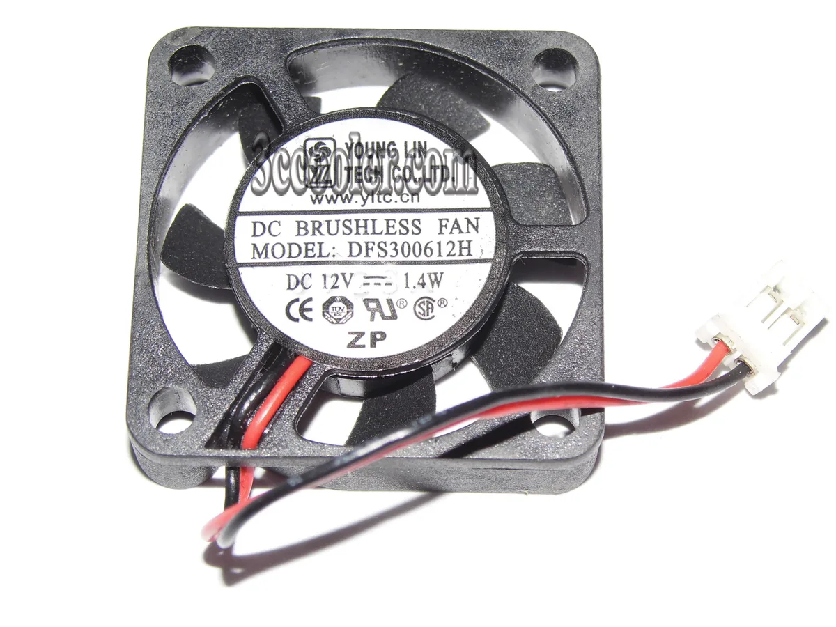 Small black 30mm square fan with two wires and a 2-pin connector
