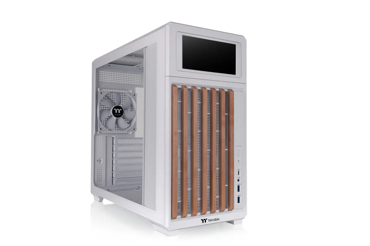 White mid-tower case with wood front trim and 6.0 inch LCD screen