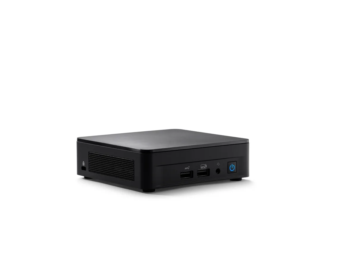Compact silver square mini PC barebone with front ports