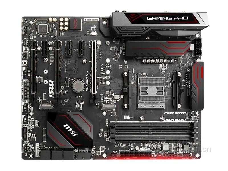 Black ATX motherboard with silver heatsinks and red accents, Socket AM4, four DDR4 slots, two full-length PCIe slots