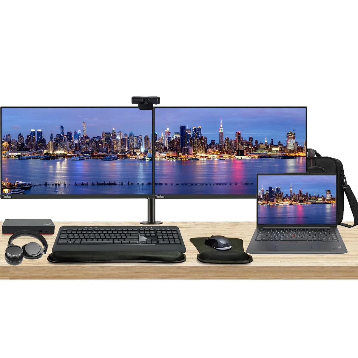Lenovo ThinkPad E14 Gen 5 laptop with dual 24-inch ThinkVision monitors on a shared stand, USB-C dock, wireless keyboard and mouse