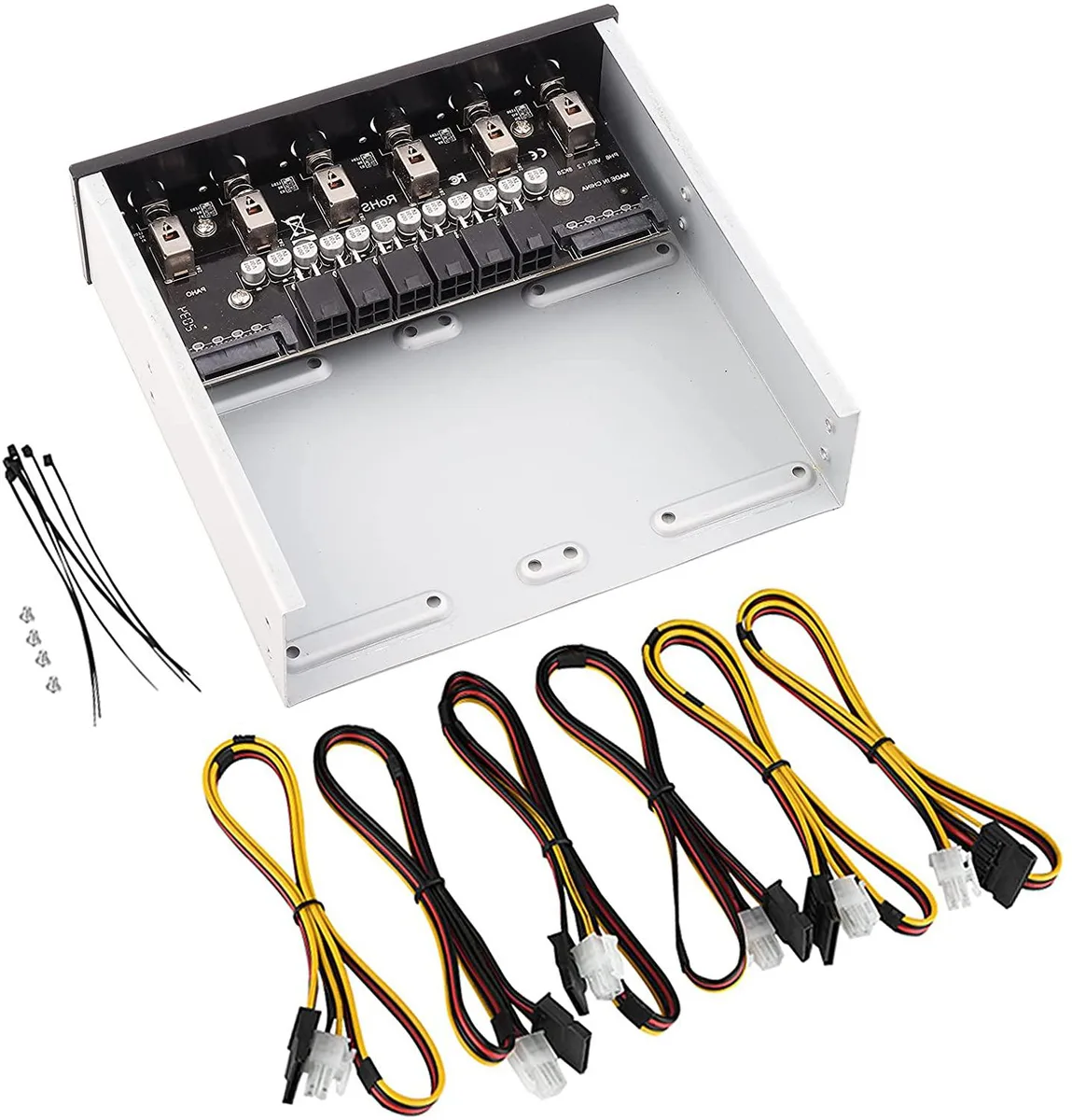 Rectangular plastic and metal unit with six toggle switches, status LEDs and multiple 5569 power cables