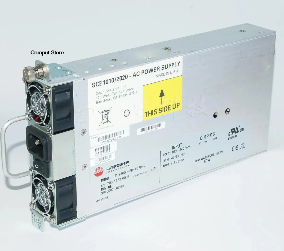 Silver rectangular server power supply unit with rear fan grille and power socket