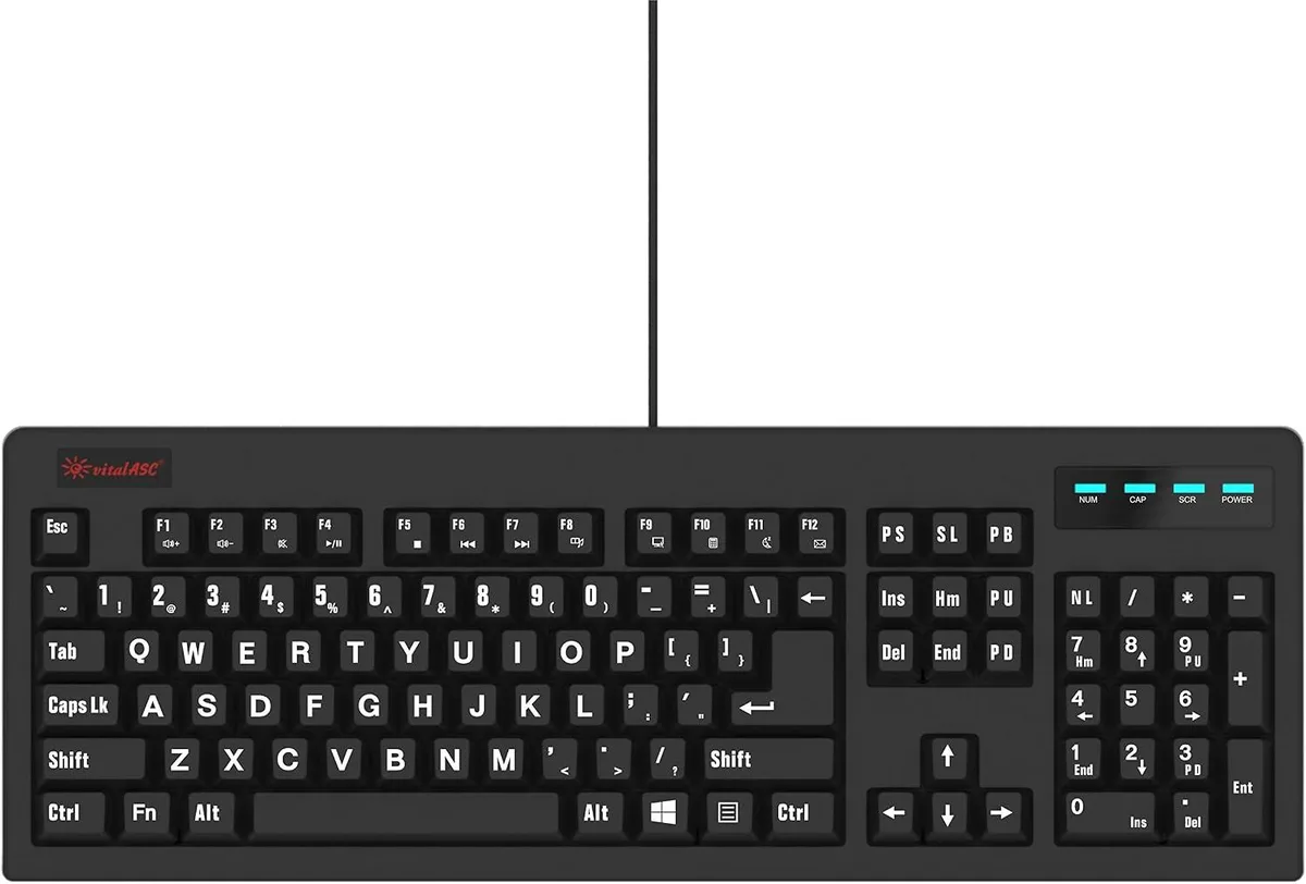 Full-size black wired keyboard with large-print keycaps and integrated palm rest