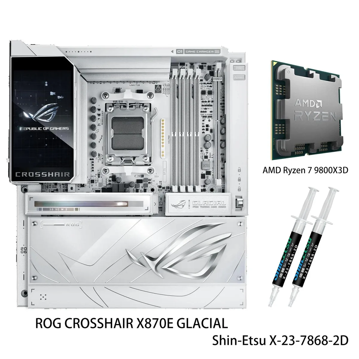 ASUS ASUS ROG Crosshair X870E Glacial AMD motherboard & Ryzen 7 9800X3D CPU combo — 商品写真