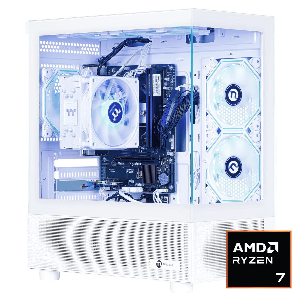 Black mid-tower desktop with ARGB CPU cooler visible through side panel