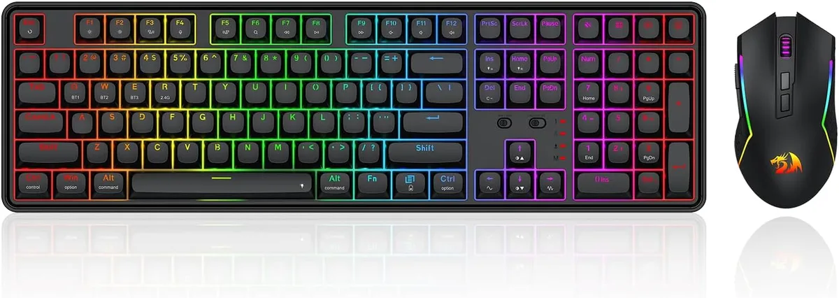 Black full-size keyboard with RGB lighting beside matching right-handed mouse, shared USB dongle visible