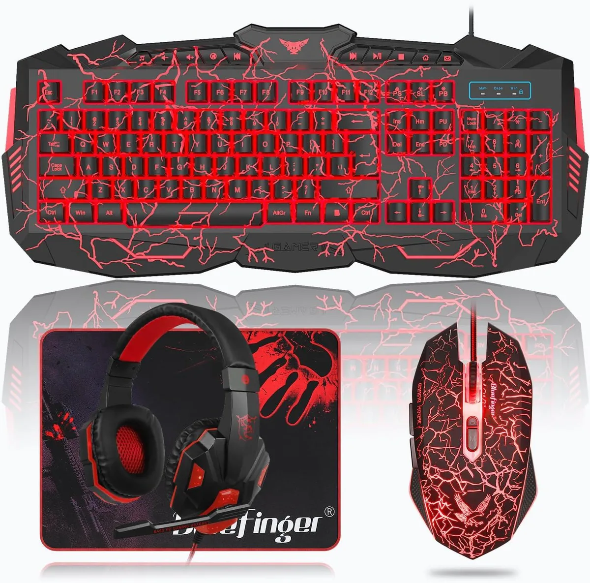 Full-size black keyboard with cracked rainbow backlighting, red LED headset, matching mouse and large mouse pad