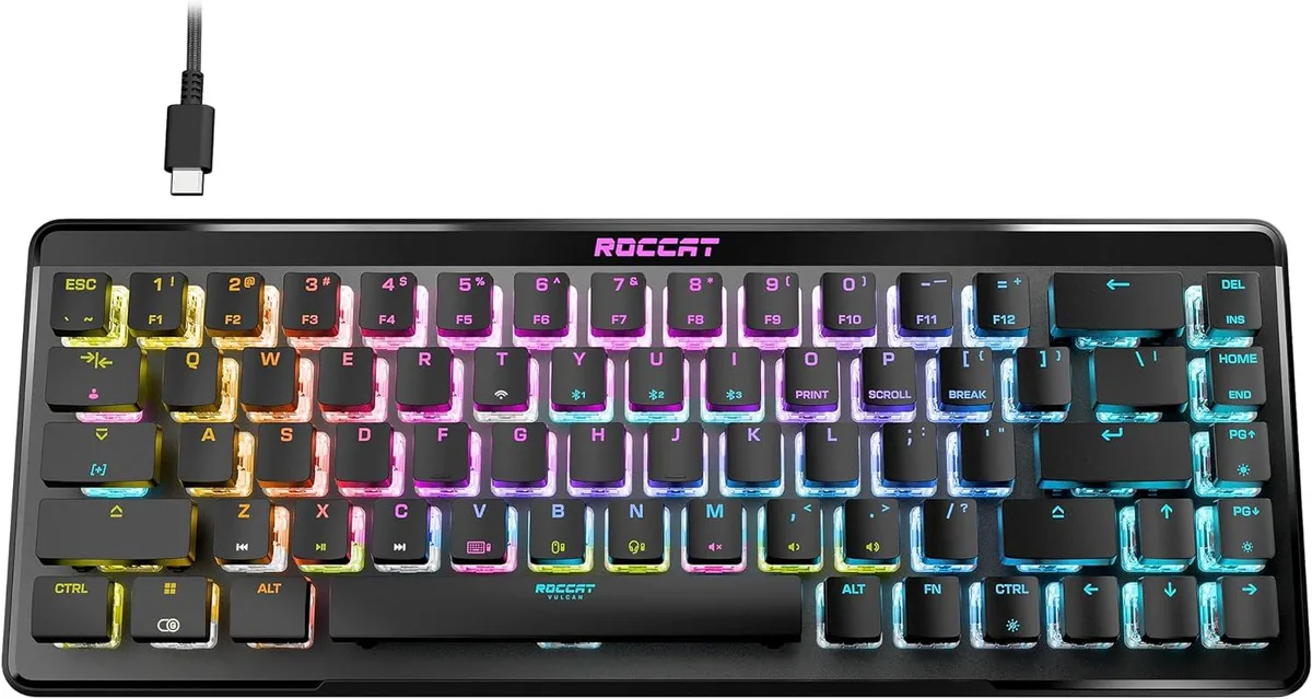 Compact 65% black gaming keyboard with anodised aluminium top plate and RGB lighting
