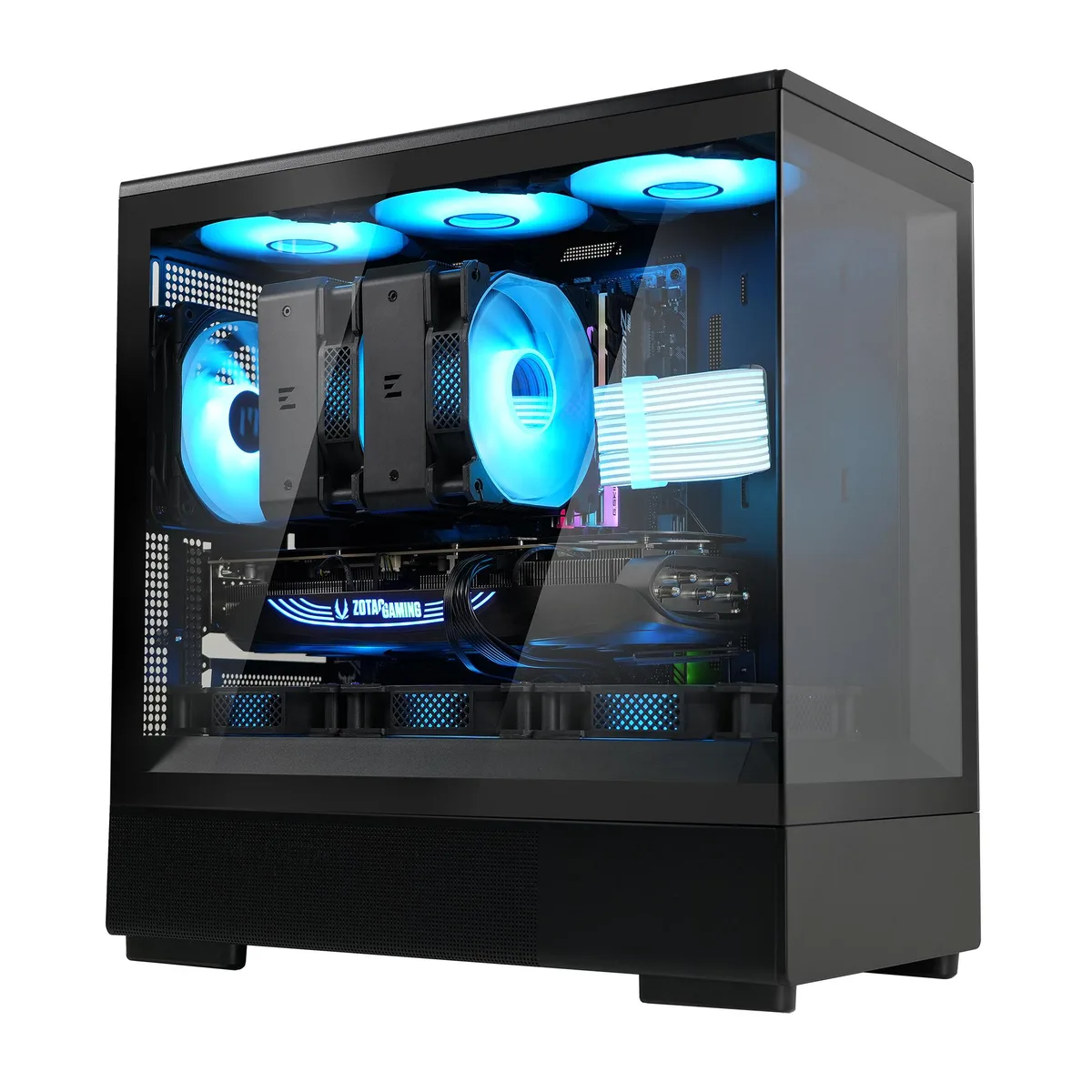 Compact black micro-ATX mini tower with frameless tempered glass front and side panels, one pre-installed rear ARGB fan visible