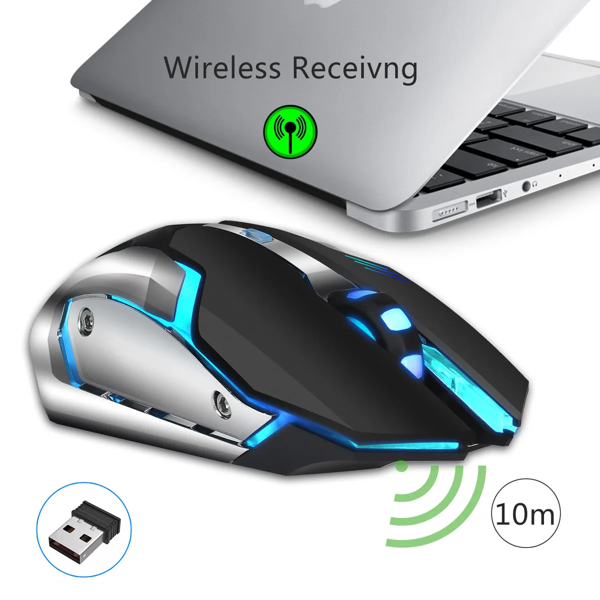 Black left-handed wireless gaming mouse with six buttons and scroll ring