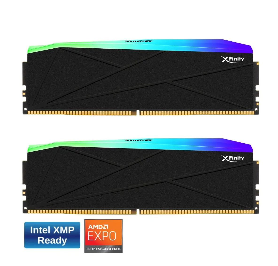 Two black DDR5 memory sticks with RGB light bars and geometric grooved heatsinks