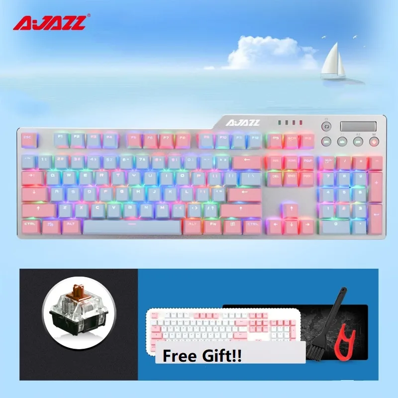 Blue and white mechanical keyboard with detachable palm rest, 104 keys, USB wired, brown switches, RGB backlighting, PBT keycaps