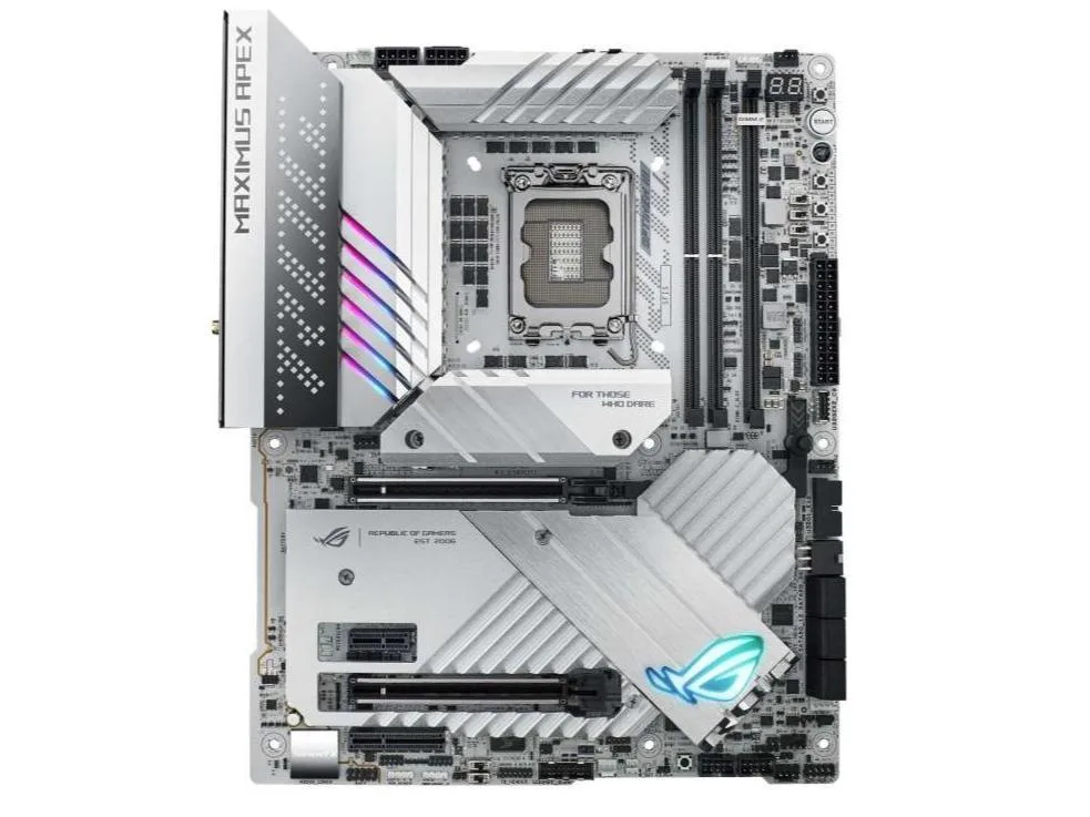 ATX motherboard with silver heatsinks and black PCB