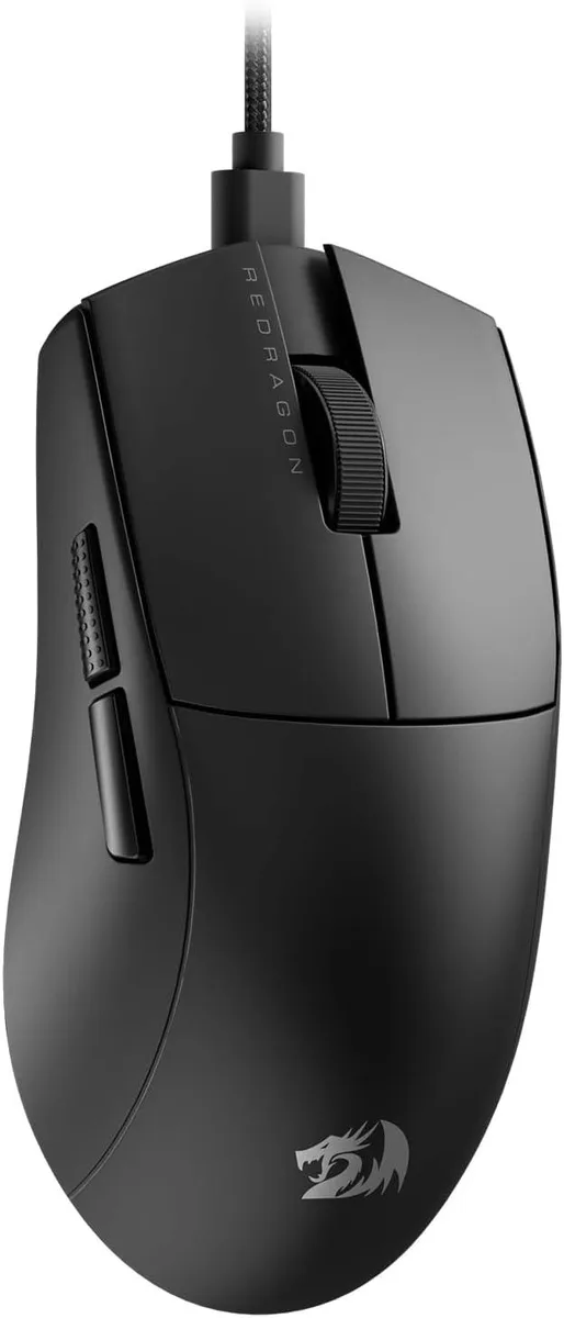 Black ultra-light wired gaming mouse with ergonomic shape and side buttons