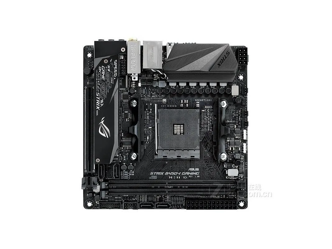 Compact Mini-ITX motherboard, dark PCB with metallic heatsinks and rear I/O shield